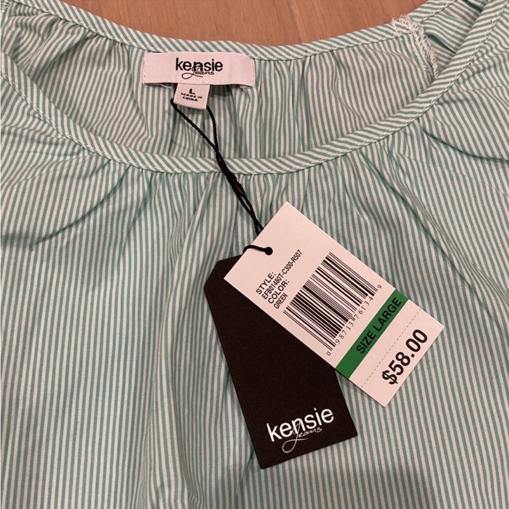 Kenzie green striped puff- sleeve cotton shirt NWT - Picture 7 of 9